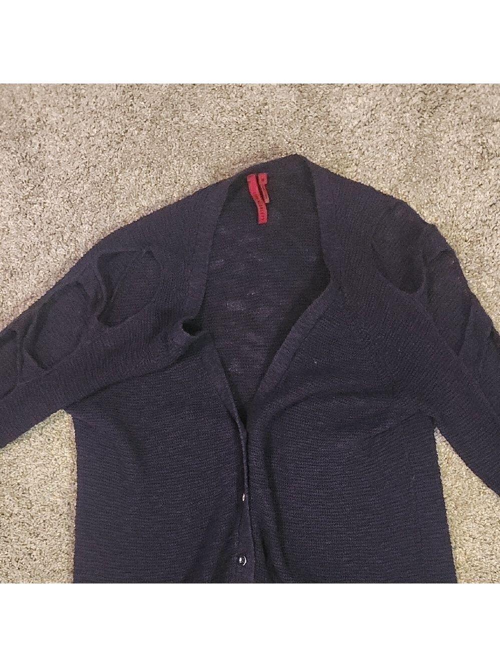 Scarlett Navy Blue Women's Lightweight Cut Out Sleeve Spring Button Up Cardigan - Picture 3 of 5